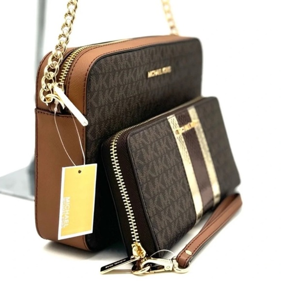 Michael Kors Large EW Zip Chain Xbody Crossbody Bag & Continental Wallet Brown - Picture 4 of 13